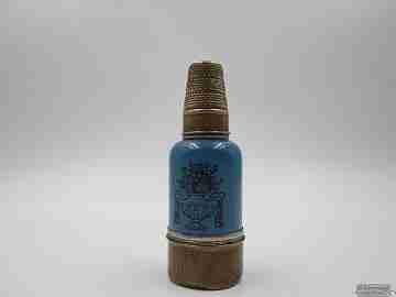 Miniature sewing & makeup case. Bottle shape. 1950. Metal and wood