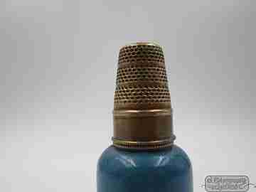 Miniature sewing & makeup case. Bottle shape. 1950. Metal and wood