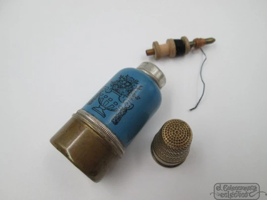 Miniature sewing & makeup case. Bottle shape. 1950. Metal and wood