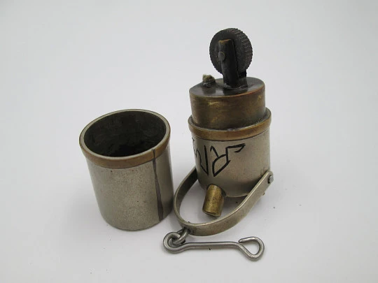 Mining lamp pocket lighter. Golden & silver metal. Petrol. 1970's