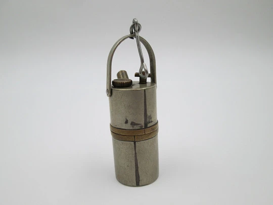 Mining lamp pocket lighter. Golden & silver metal. Petrol. 1970's