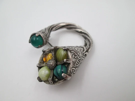 'Miracle' horn unisex brooch. Silver plated and colour natural stones. England. 1960's