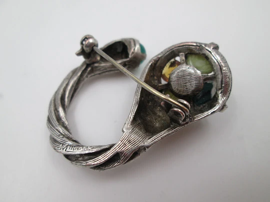 'Miracle' horn unisex brooch. Silver plated and colour natural stones. England. 1960's
