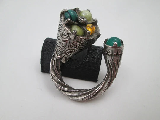 'Miracle' horn unisex brooch. Silver plated and colour natural stones. England. 1960's