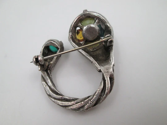 'Miracle' horn unisex brooch. Silver plated and colour natural stones. England. 1960's