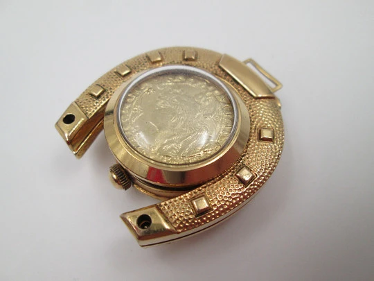 Moda keychain watch. Gold rolled metal & steel. Horseshoe. Manual wind. 1960