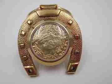 Moda keychain watch. Gold rolled metal & steel. Horseshoe. Manual wind. 1960