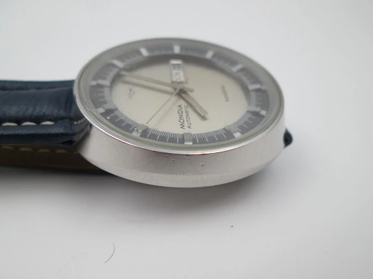 Mondia Kandahar. Steel. Automatic. Bitone dial. Calendar. Strap. 1970's