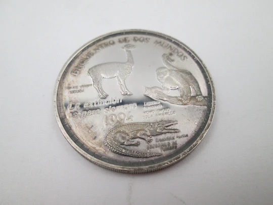 Moneda 1 nuevo sol. Banco Central Perú. Plata de ley 925. Animales en extinción. 1994