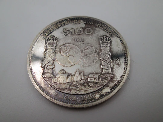 Moneda 100 pesos Estados Unidos Mexicanos. Encuentro de Dos Mundos. Plata ley. 1991