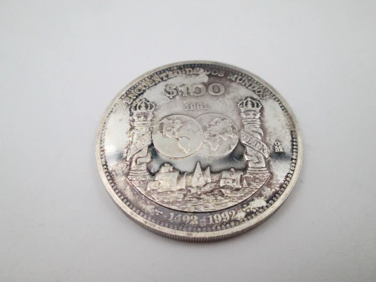 Moneda 100 pesos Estados Unidos Mexicanos. Encuentro de Dos Mundos. Plata ley. 1991