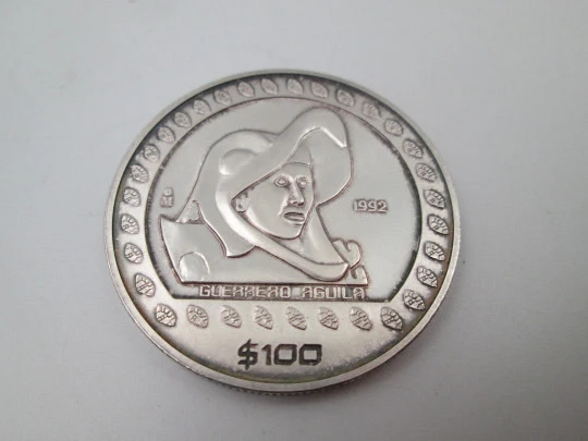 Moneda de 100 pesos Estados Unidos Mexicanos. Guerrero Águila. Onza plata pura