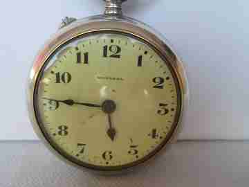 Monreal. Metal plateado. Remontoir con pulsador. 1910. Lepine. Dial blanco