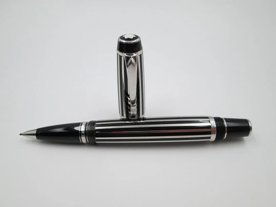 Montblanc Bohème Stripe rollerball. Black resin & platinum-plated bands