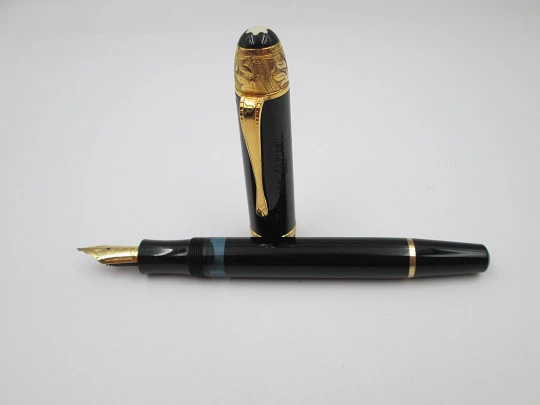 Montblanc Voltaire fountain pen. Black resin and vermeil sterling silver details. 1995 Montblanc Voltaire fountain pen. Black resin and vermeil sterling silver details. 1995
