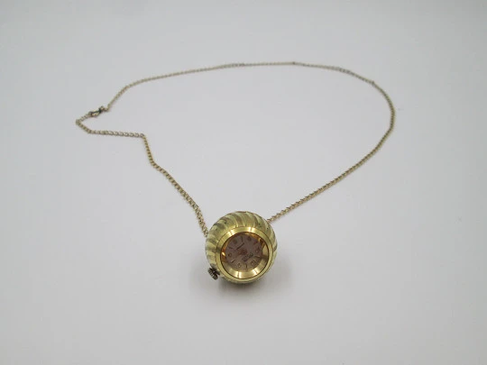 Mortima pendant watch with chain. Gold plated. Manual wind. Ball shape. France. 1970's