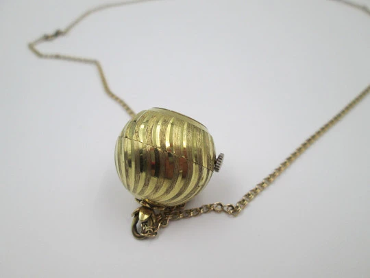 Mortima pendant watch with chain. Gold plated. Manual wind. Ball shape. France. 1970's