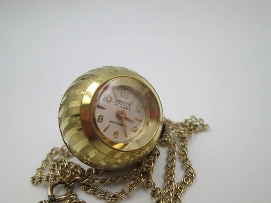 Mortima pendant watch with chain. Gold plated. Manual wind. Ball shape. France. 1970's