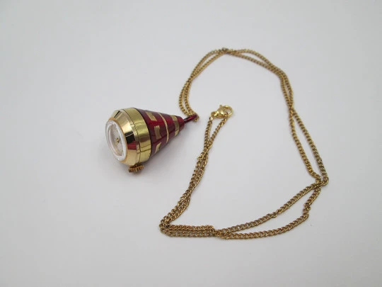 Mortima women's conical pendant watch. Gold plated & red enamel. Manual wind