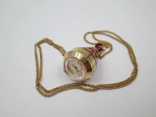 Mortima women's conical pendant watch. Gold plated & red enamel. Manual wind