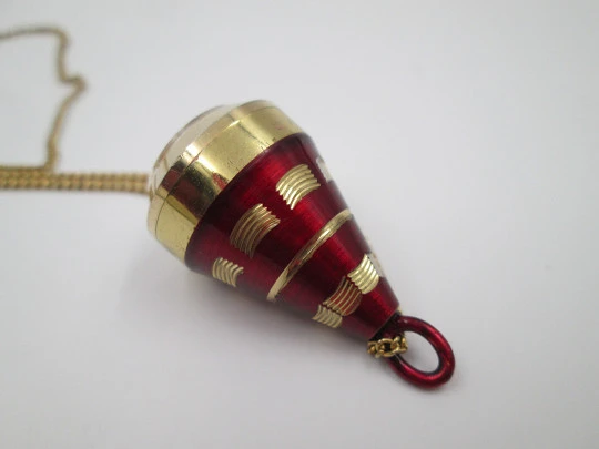 Mortima women's conical pendant watch. Gold plated & red enamel. Manual wind