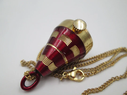 Mortima women's conical pendant watch. Gold plated & red enamel. Manual wind