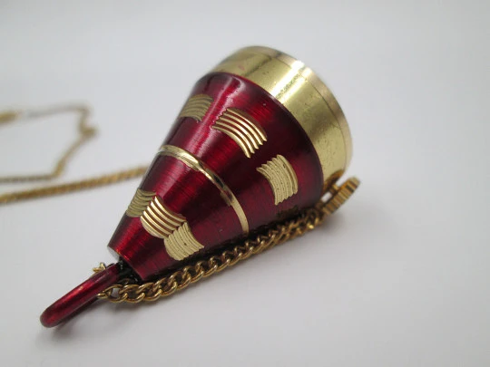 Mortima women's conical pendant watch. Gold plated & red enamel. Manual wind