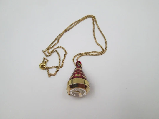 Mortima women's conical pendant watch. Gold plated & red enamel. Manual wind