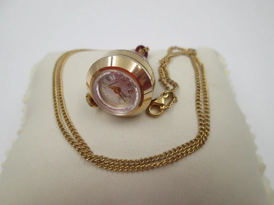 Mortima women's conical pendant watch. Gold plated & red enamel. Manual wind