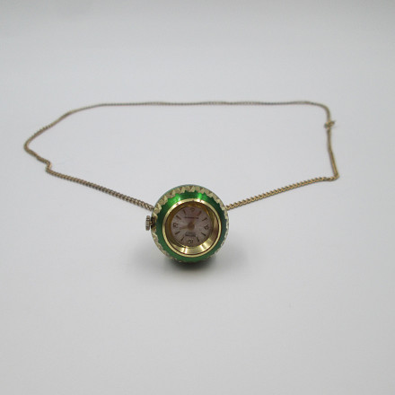 Mortima Ball Pendant Watch Gold Plated Green Enamel 1970s El