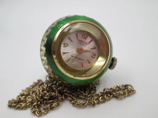 Mortima women's pendant watch. Gold plated and green enamel. Ball shape. 1970's