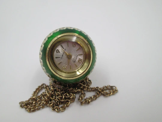Mortima women's pendant watch. Gold plated and green enamel. Ball shape. 1970's