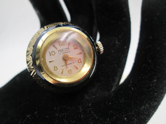 Mortima women's pendant watch. Gold plated & blue enamel. 1970's. Ball shape