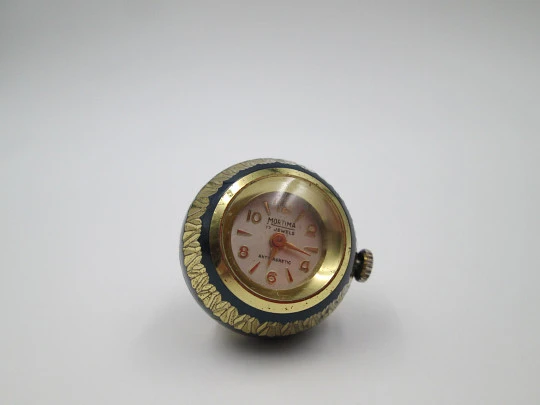 Mortima women's pendant watch. Gold plated & blue enamel. 1970's. Ball shape