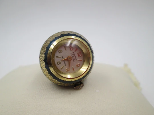 Mortima women's pendant watch. Gold plated & blue enamel. 1970's. Ball shape