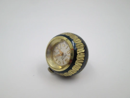 Mortima women's pendant watch. Gold plated & blue enamel. 1970's. Ball shape