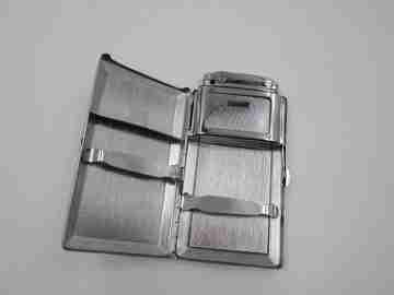 Mosda Streamline cigarette case and lighter. Silver metal. Petrol. 1950's