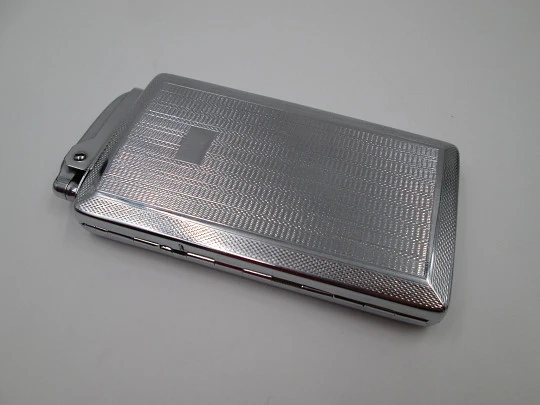 Mosda Streamline cigarette case and lighter. Silver metal. Petrol. 1950's