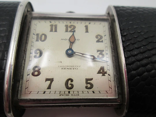 Movado Ermeto chronometre travel watch. Silver & snake skin. Manual wind. 1930's