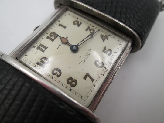 Movado Ermeto chronometre travel watch. Silver & snake skin. Manual wind. 1930's