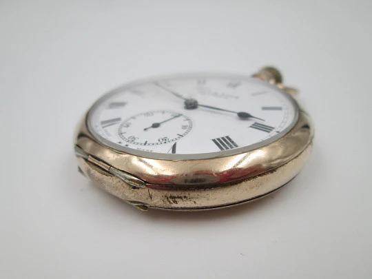 Muir & Sons Glasgow open-face pocket watch. Wadsworth Rambler gold plated case. Swiss