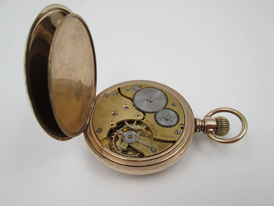 Muir & Sons Glasgow open-face pocket watch. Wadsworth Rambler gold plated case. Swiss