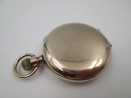 Muir & Sons Glasgow open-face pocket watch. Wadsworth Rambler gold plated case. Swiss
