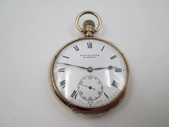 Muir & Sons Glasgow open-face pocket watch. Wadsworth Rambler gold plated case. Swiss