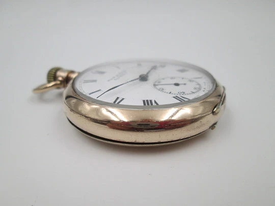 Muir & Sons Glasgow open-face pocket watch. Wadsworth Rambler gold plated case. Swiss