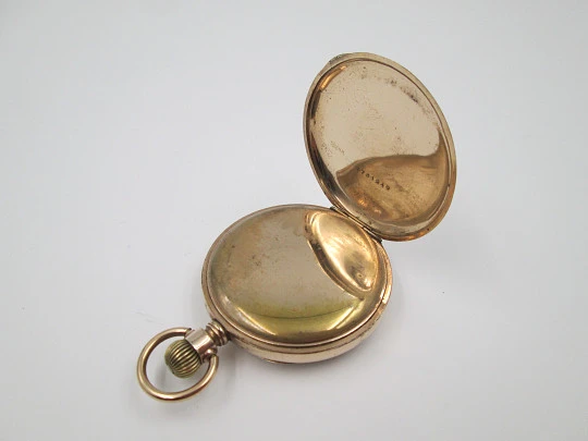 Muir & Sons Glasgow open-face pocket watch. Wadsworth Rambler gold plated case. Swiss