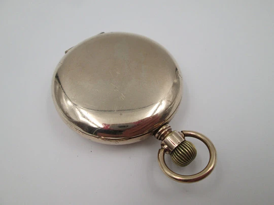 Muir & Sons Glasgow open-face pocket watch. Wadsworth Rambler gold plated case. Swiss