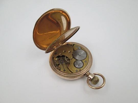 Muir & Sons Glasgow open-face pocket watch. Wadsworth Rambler gold plated case. Swiss