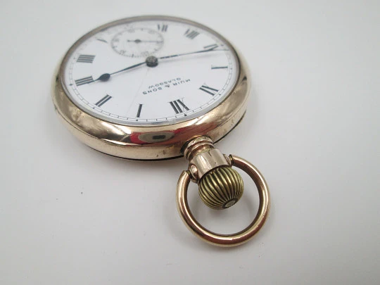 Muir & Sons Glasgow open-face pocket watch. Wadsworth Rambler gold plated case. Swiss