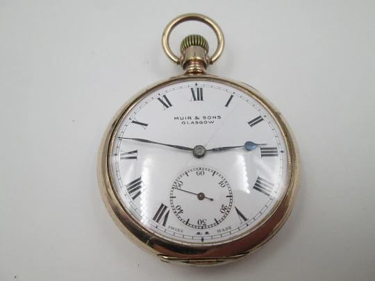 Muir & Sons Glasgow open-face pocket watch. Wadsworth Rambler gold plated case. Swiss